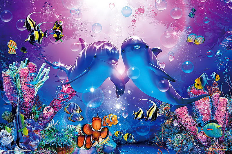 Precious love, pretty, colorful, art, underwater, lovely, fish, bonito, dolphins, love, deep, precious, couple, HD wallpaper