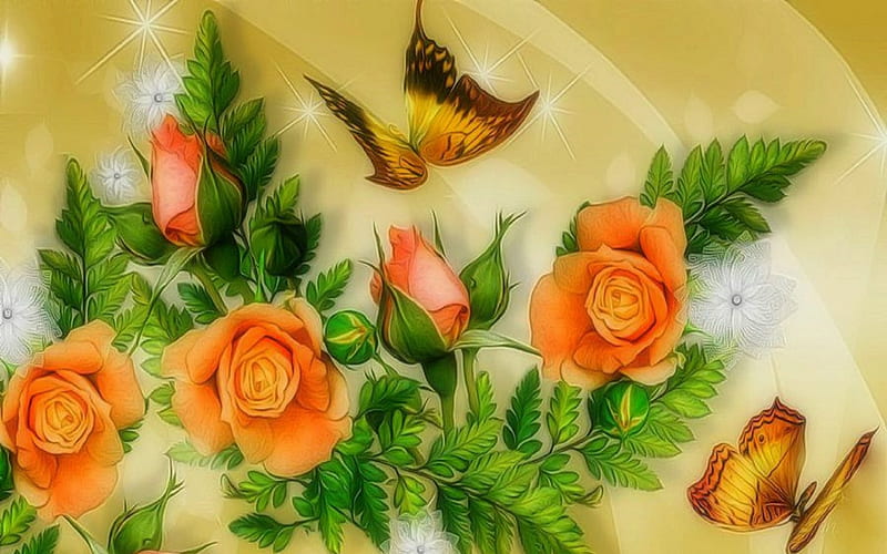 ❀Spring of Fragrance❀, orange, softness beauty, bonito, digital art, fragrance, seasons, bright, flowers, butterfly designs, vector arts, animals, lovely, colors, love four seasons, creative pre-made, butterflies, spring, roses, HD wallpaper