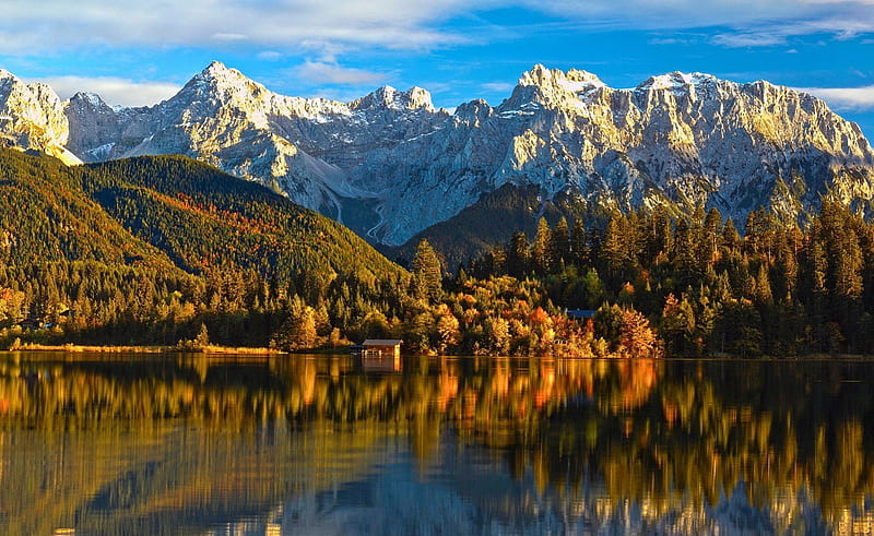 Autumn reflections, fall, autumn, house, falling, cabin, bonito, clouds, snowy, foliage, mirrored, mountain, nice, calm, cliffs, peaks, season, blue, hills, quiet, lovely, view, clear, sky, trees, lake, serenity, slope, crystal, nature, reflections, lakeshore, HD wallpaper