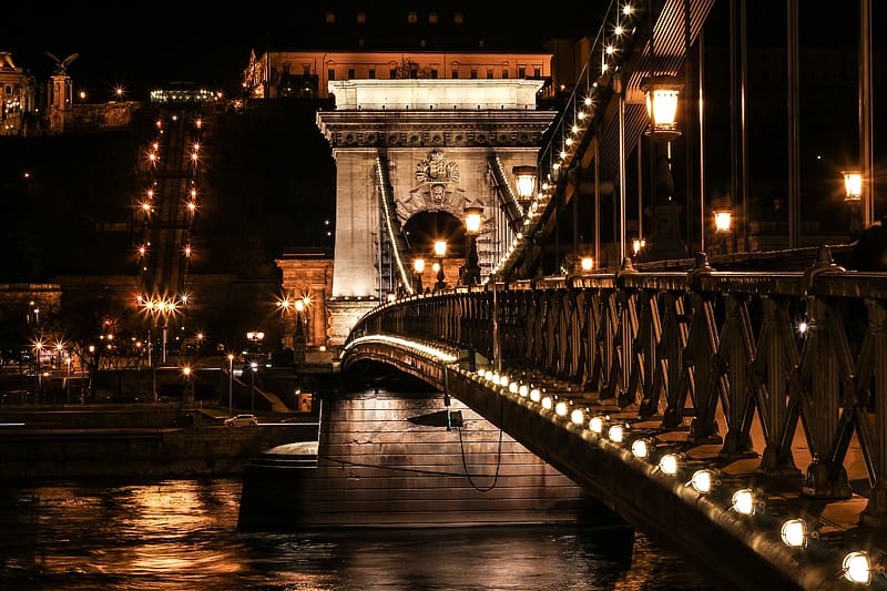 bridge, lights, arch, architecture, dark, HD wallpaper