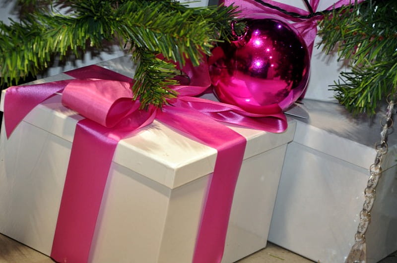 A Pink Christmas, ball, present, christmas, box, gift, white, pink, HD wallpaper