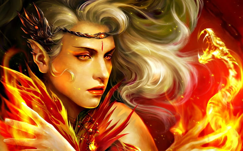 Fantasy girl, red, orange, yellow, woman, dragon, spirit, fire, fantasy, girl, HD wallpaper