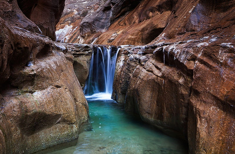 Zion Emerald, waterfall, cliff, creek, landscape, HD wallpaper