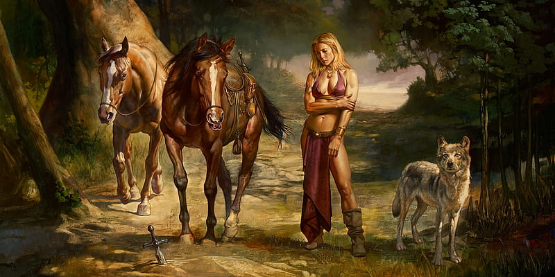 :), painting, pictura, boris vallejo, horse, art, animal, julie bell, cal, girl, lup, wolf, HD wallpaper