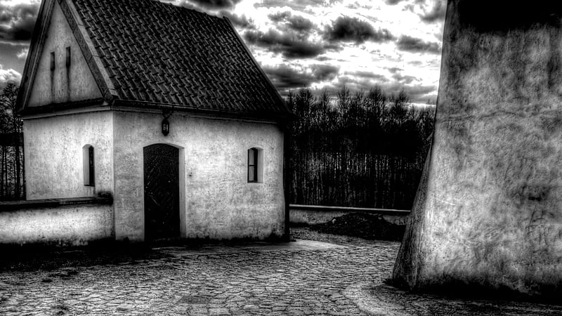 lil' house, fence, cobble stone, house, monochrome, trees, HD wallpaper