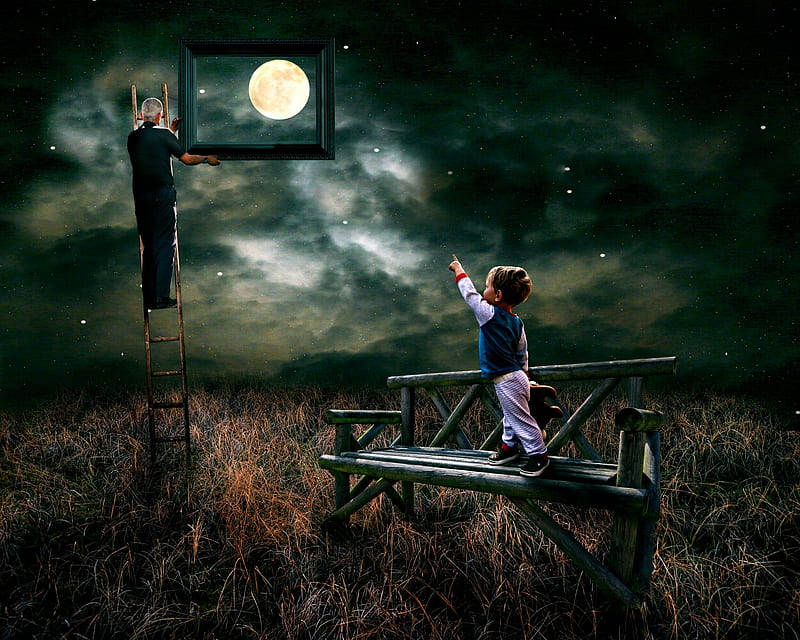 Framed moon, moon, full, man, creative, boy, fantasy, moon, copil, child, HD wallpaper