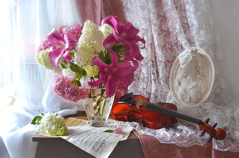 graphy, Still Life, Hydrangea, Lily, Sheet Music, Vase, Violin, HD wallpaper