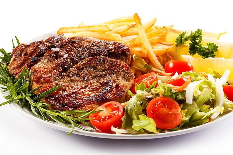 Food, Meat, Meal, Salad, Vegetable, French Fries, HD wallpaper