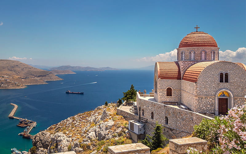 Monastery of Agios Savvas, Kalymnos, Aegean Sea, Kalymnos Island, Agios Savvas Monastery, Pothia, Greece, HD wallpaper