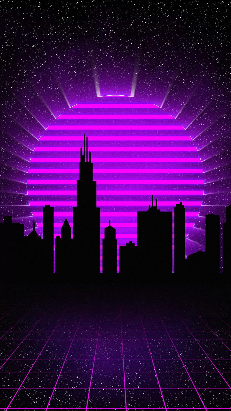 cyber city, 80s, cyberpunk, darft punk, grid, purple, retro, retrowave, sun, surrealism, technology, HD phone wallpaper