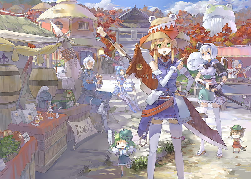 Anime Street Market, girl, anime, sword, street, market, HD wallpaper