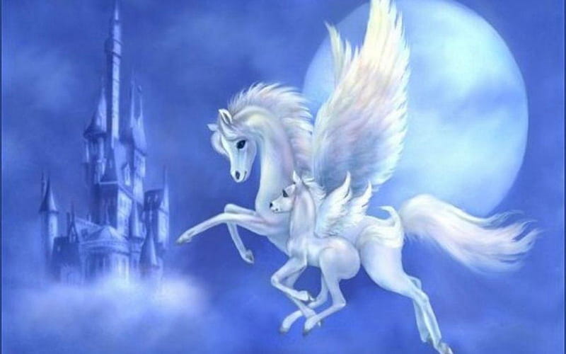 Pegasus Mother and Foal, pegasus, moon, wings, flying, white, castle, sky, HD wallpaper