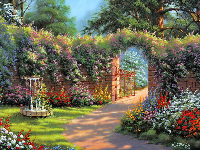 Gate to paradise, gate, colorful, fountain, park, trees, alleys, paradise, painting, flowers, path, garden, HD wallpaper