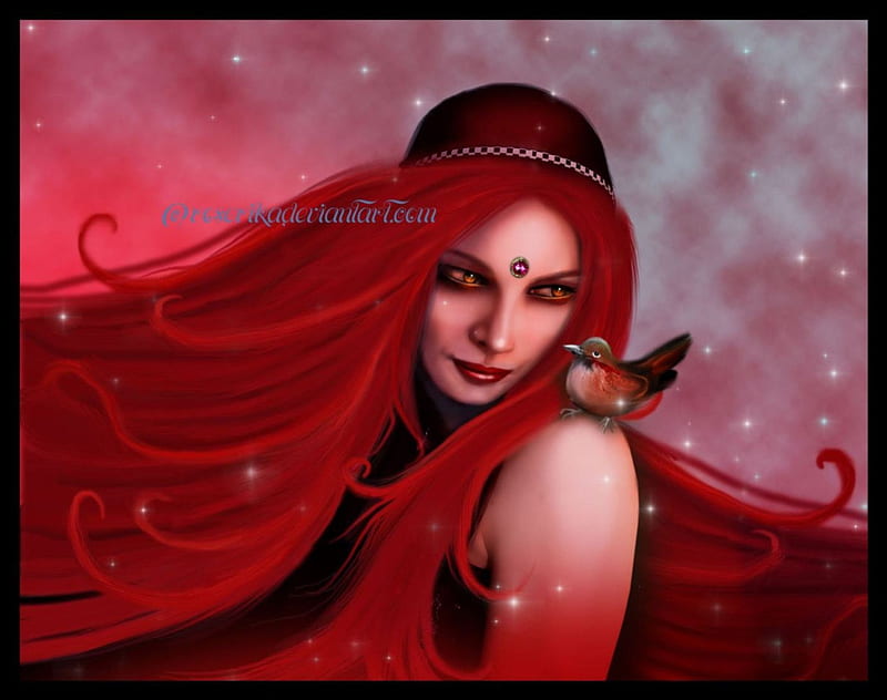 Divine Beauty, red, fantasy, bird, girl, beauty, HD wallpaper | Peakpx