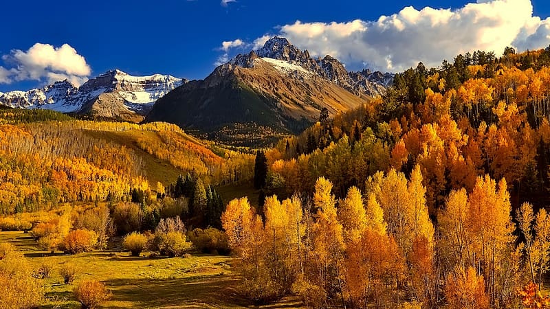 Autumn in Colorado Mountains, fall, clouds, landscape, trees, larches, colors, sky, rocks, usa, HD wallpaper