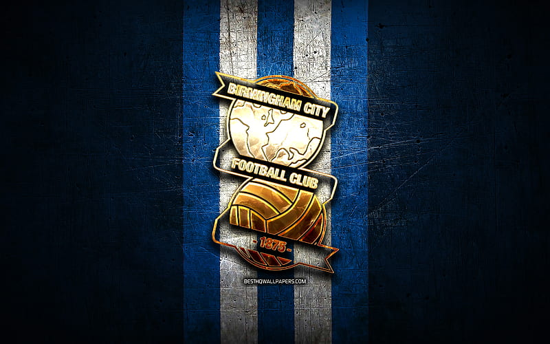 Birmingham City FC, golden logo, EFL Championship, blue metal background, football, Birmingham City, english football club, Birmingham City logo, soccer, England, HD wallpaper