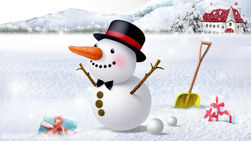 Fun to Be A Snowman, house, home, warm snowballs, cold, frost, christmas, smile, church, trees, snowman, winter, happy, mountains, ze, shovel, presents, gifts, HD wallpaper