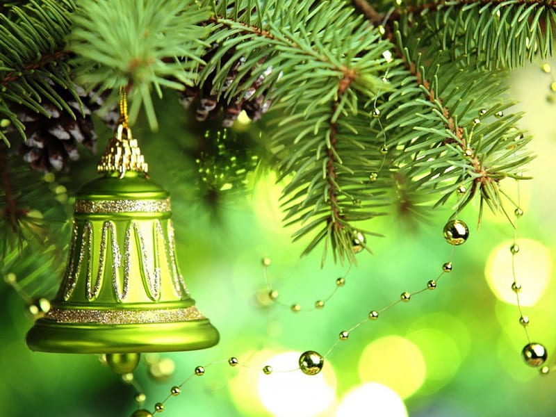 Christmas bell, Christmas, ornaments, colorful, holidays, background, bonito, bell, abstract, tree, green, other, HD wallpaper
