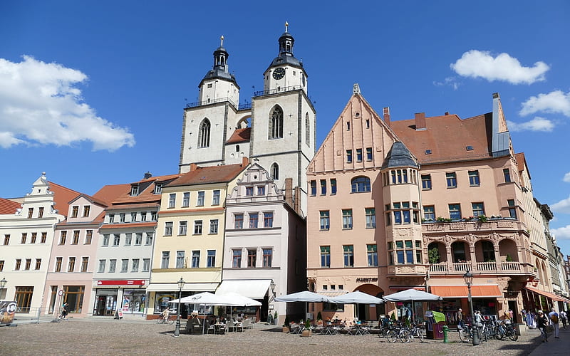 Wittenberg, Germany, church, Germany, houses, square, streetscape, clock, HD wallpaper