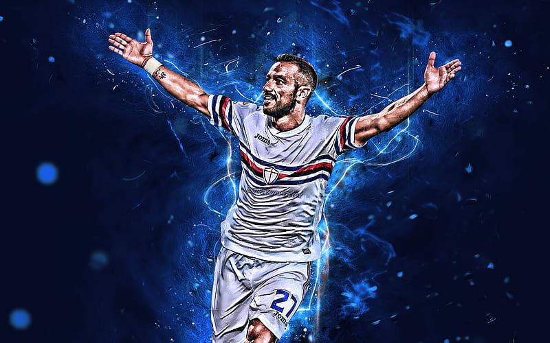Fabio Quagliarella, white uniform, Sampdoria FC, soccer, Serie A, Quagliarella, Italian footballers, neon lights, creative, HD wallpaper
