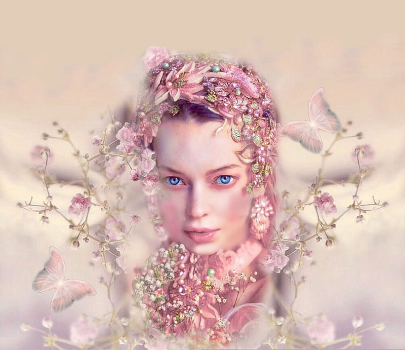 Peaceful Pastel Pink, pink, soft, girl, headdress, flowers, cream, pastel, beautiful, butterflies, delicate, HD wallpaper