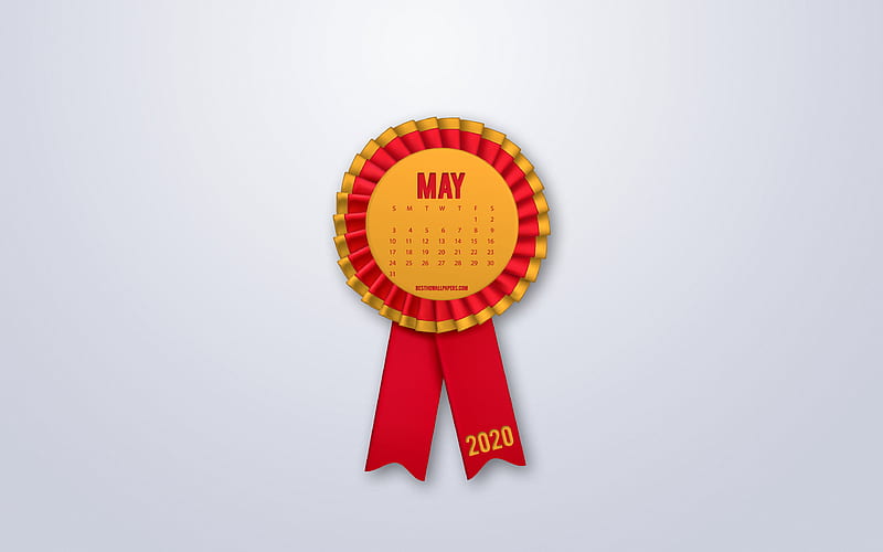 2020 May calendar, red silk ribbon sign, 2020 spring calendars, May, silk badge, gray background, May 2020 Calendar, HD wallpaper
