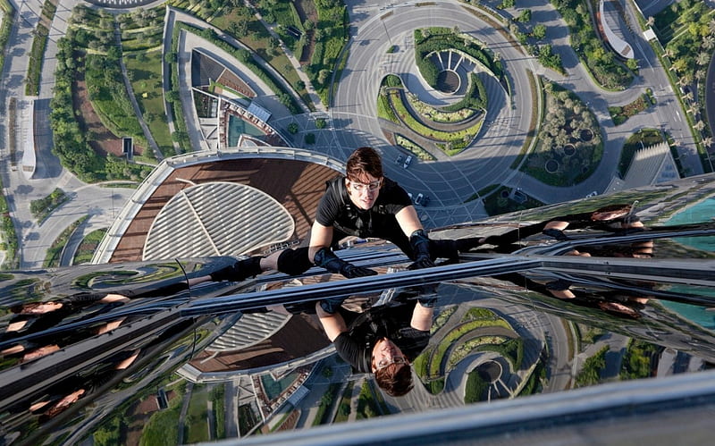 Mission: Impossible - Ghost Protocol (2011), window, black, man, tom cruise, building, city, green, ghost protocol, mission impossible, ethan hunt, actor, blue, HD wallpaper