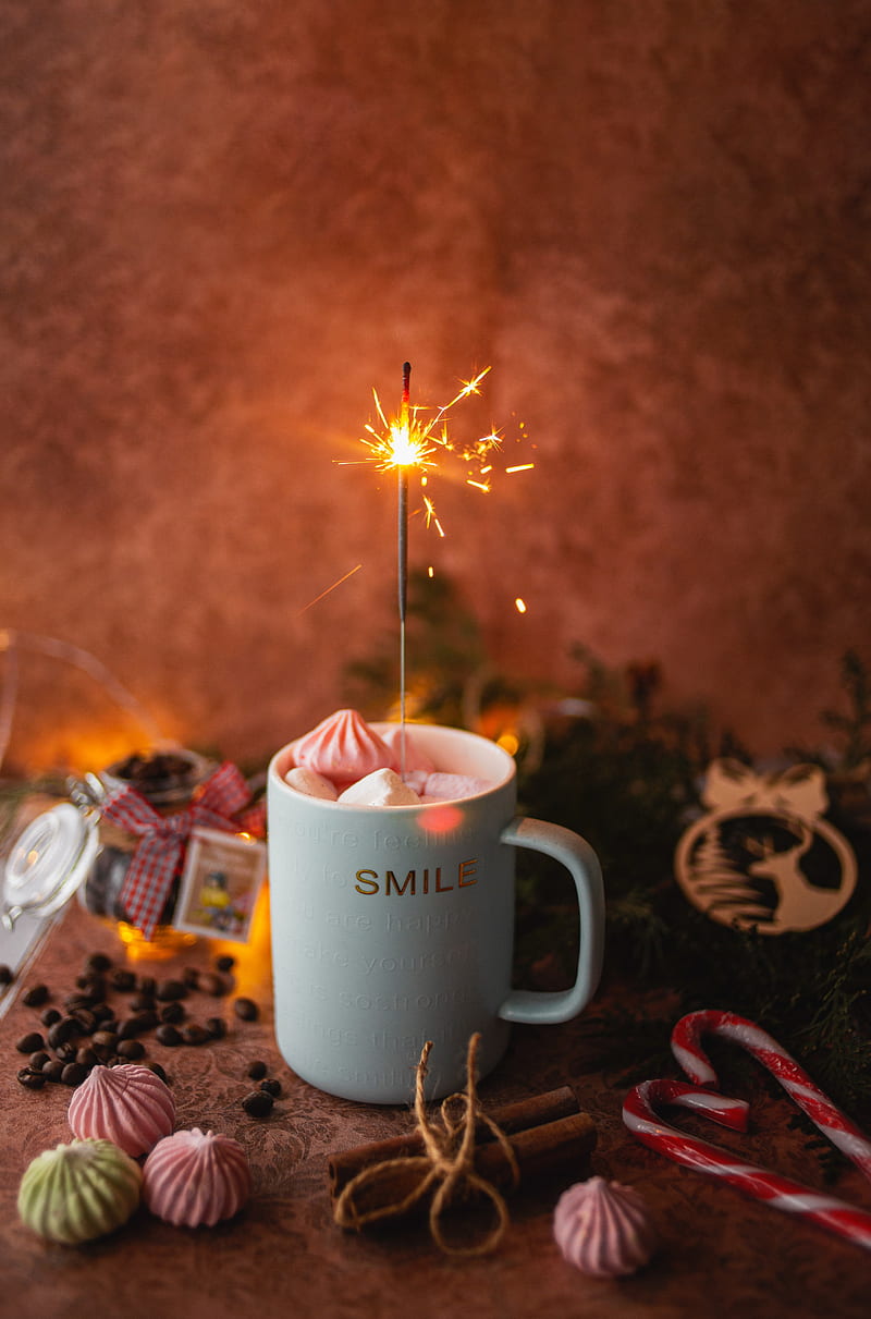 mug, marshmallow, sparklers, sparks, celebration, HD phone wallpaper