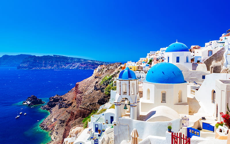 Greek island, Thira, summer, Santorini, Greece romantic places, Aegean Sea, HD wallpaper