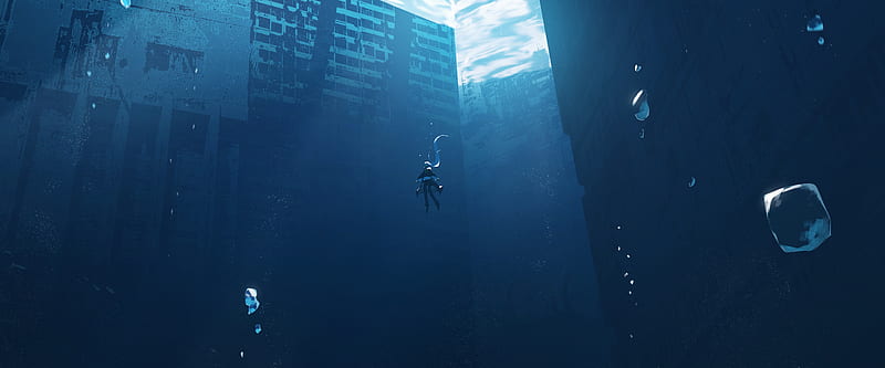 sinked city, underwater, apocalypse, buildings, anime girl, Anime, HD wallpaper