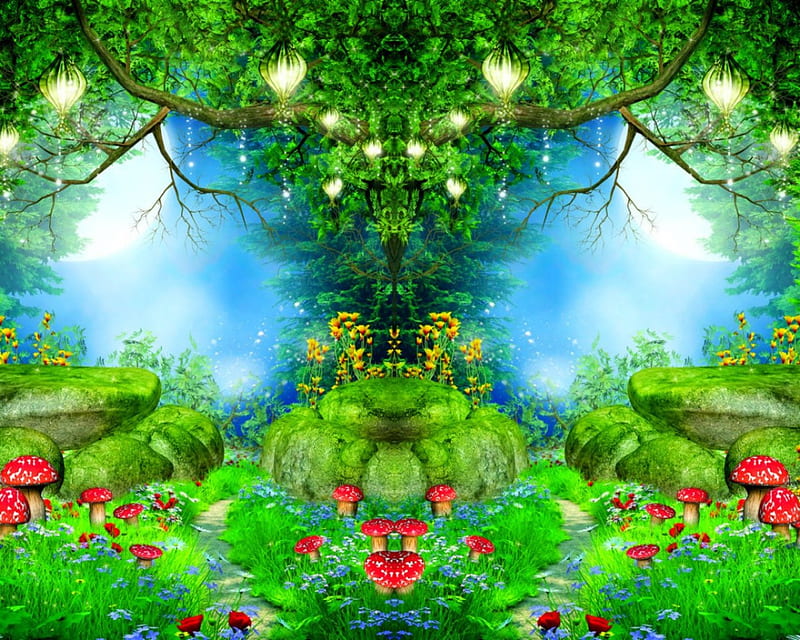 Enchanted garden, garden, flowers, trees, green, HD wallpaper