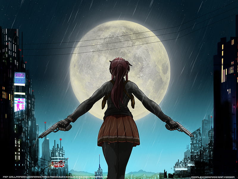 The Moonlite Serenade, handgun, moon, city, girl, anime, black lagoon, dual, night, HD wallpaper