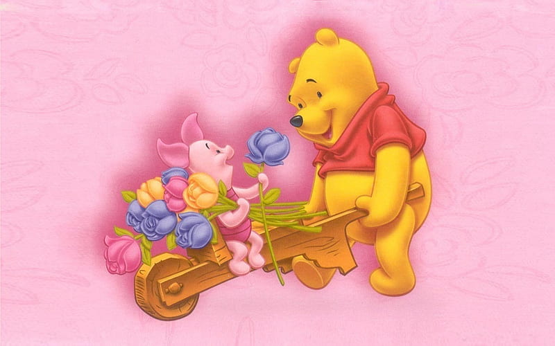 Winnie The Pooh And Piglet, Winnie, Pooh, Trolley, Flowers, Piglet, Bouquet, HD wallpaper