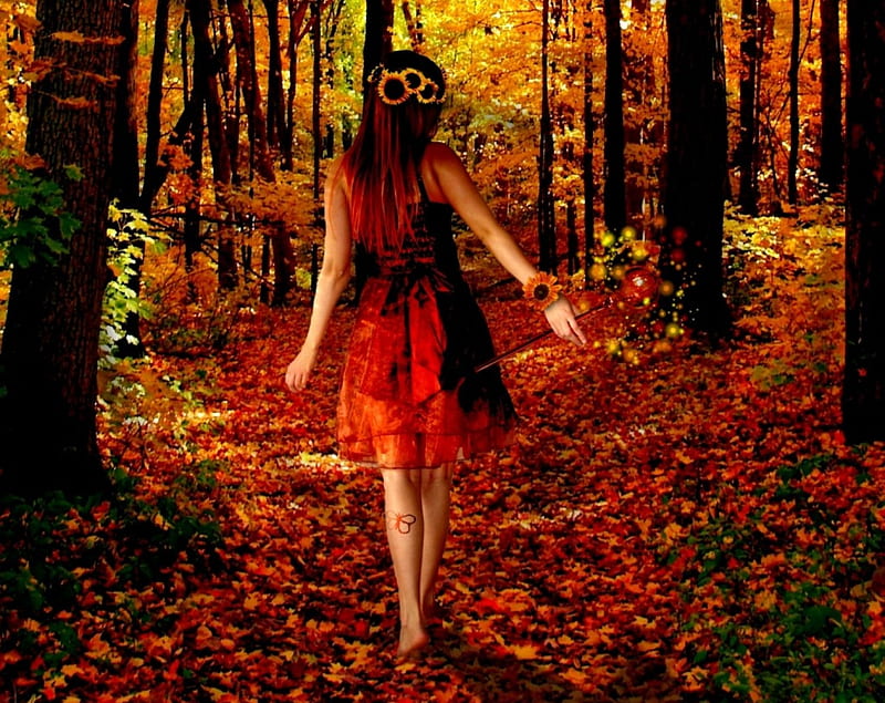 ~Autumn Walk~, fall, red, colorful, autumn, bonito, woman, artwork, leaves, fantasy, beauty, art, forest, colors, trees, girl, magical, nature, HD wallpaper