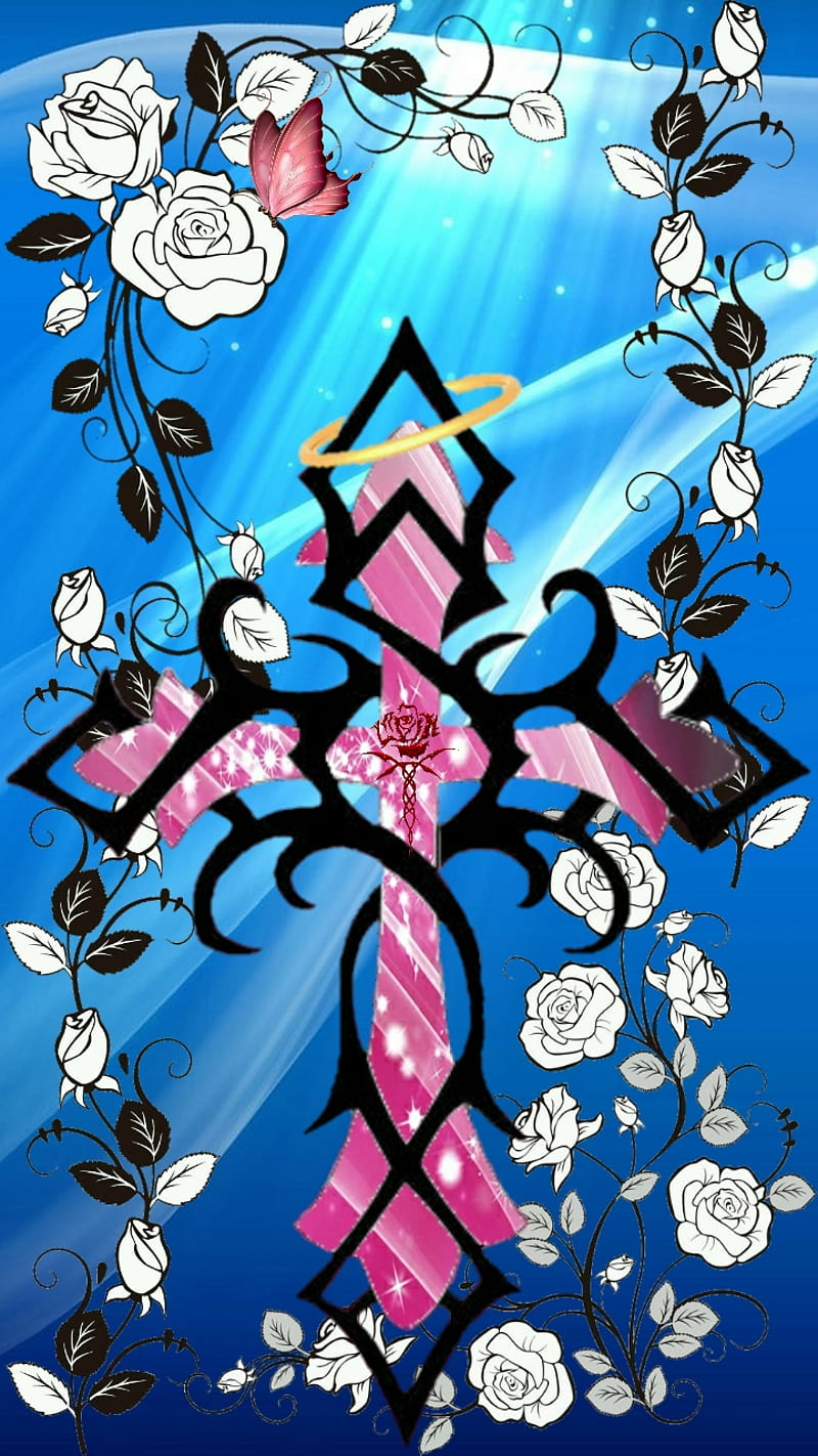 Rose Cross, black, blue, butterfly, halo, leaves, pink, vines, HD phone wallpaper