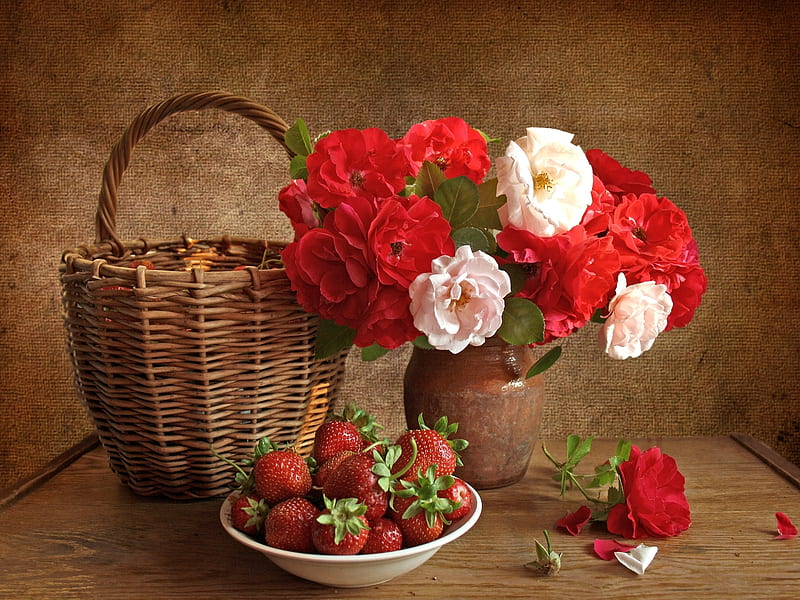 Still Life with Strawberries, Bunch of flowers, Roses, Strawberries, Basket, HD wallpaper