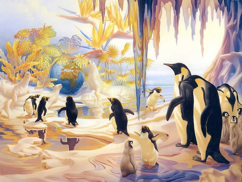 Penguins and White Seals, art, water, world globe, white seals, tropical plants, icicles, penguins, HD wallpaper