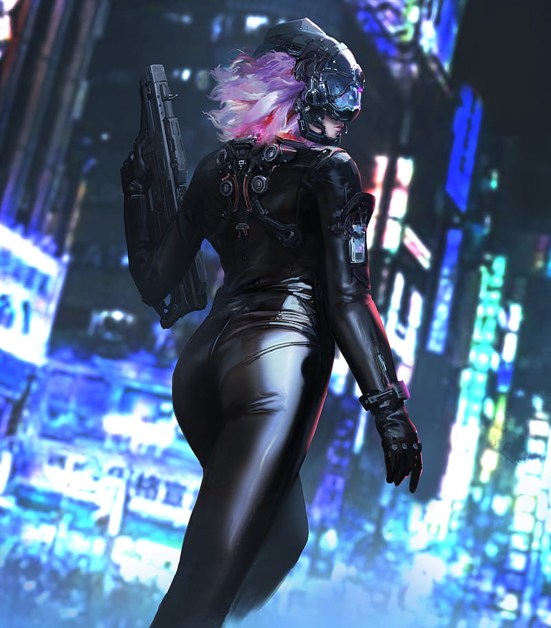 cyberpunk, science fiction, science fiction women, women, girls with guns, weapon, artwork, HD phone wallpaper