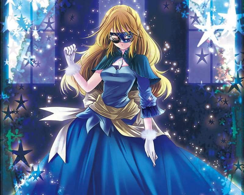 Beauty under the Mask, pretty, sparks, sweet, nice, gloves, anime, beauty, anime girl, long hair, star, lovely, ribbon, gown, blonde, sexy, abstract, cute, maiden, dress, blond, bonito, elegant, hot, blue eyes, blue, gorgeous, fur, female, blonde hair, blond hair, girl, wink, mask, lady, HD wallpaper