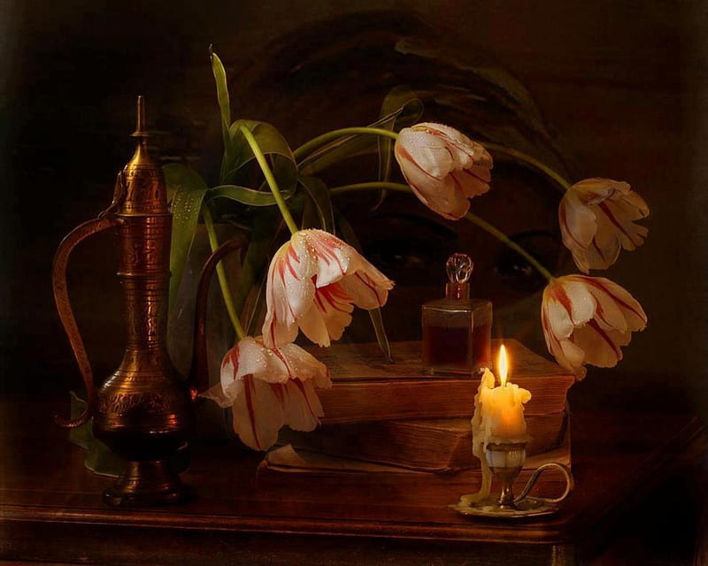* Tulips *, candle, book, soft, fragrance, still life, tenderness, flowers, petals, tulips, evening, light, HD wallpaper
