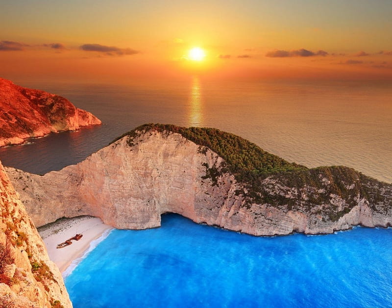 Sunset in Greece, oceans grass, orange, rock, yellow, beach, nice, stones, gold, scenario, heaven, sunrise, beauty of nature, s, golden, sky, trees, panorama, water, some, cool, paradise, surface, awesome, sunshine, hop, bay, white, landscape, greece, colorful, scenic, sunny, zakynthos, sea l, europe, graphy, cture, sand, sunsets, scenery, blue amazing, reflex, horizon, view, colors, contrasts, island, nature, reflections, coast, scene, HD wallpaper