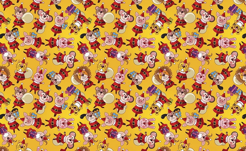 Christmas texture, red, pig, craciun, christmas, yellow, tiger, lion, animal, mouse, texture, funny, paper, HD wallpaper