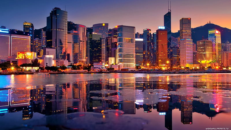 hong kong reflected in the bay at sunset, city, sunset, reflection, bay, skyscrapers, HD wallpaper