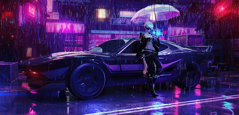 Girl With Umbrella And Car, cyberpunk, rain, artist, artwork, artstation, HD wallpaper