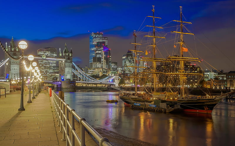 Tower Bridge, London, River Thames, evening, sailboat, London cityscape, skyscrapers, England, United Kingdom, HD wallpaper