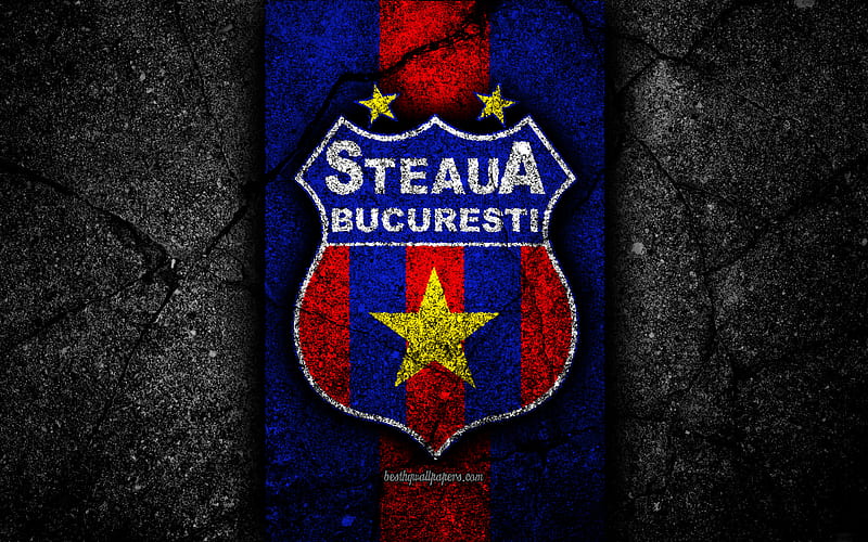 Steaua Bucharest FC, logo, soccer, FCSB, Romanian Liga I, football, black stone, football club, Romania, Steaua Bucharest, emblem, Romanian league, asphalt texture, FC Steaua Bucharest, HD wallpaper