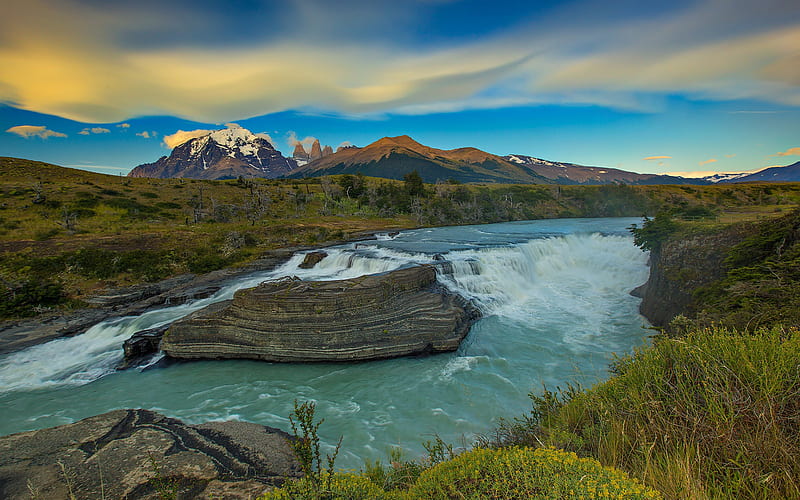 Chile, Andes, evening, sunset, Patagonia, mountain river, mountain landscape, waterfall, evening landscape, HD wallpaper