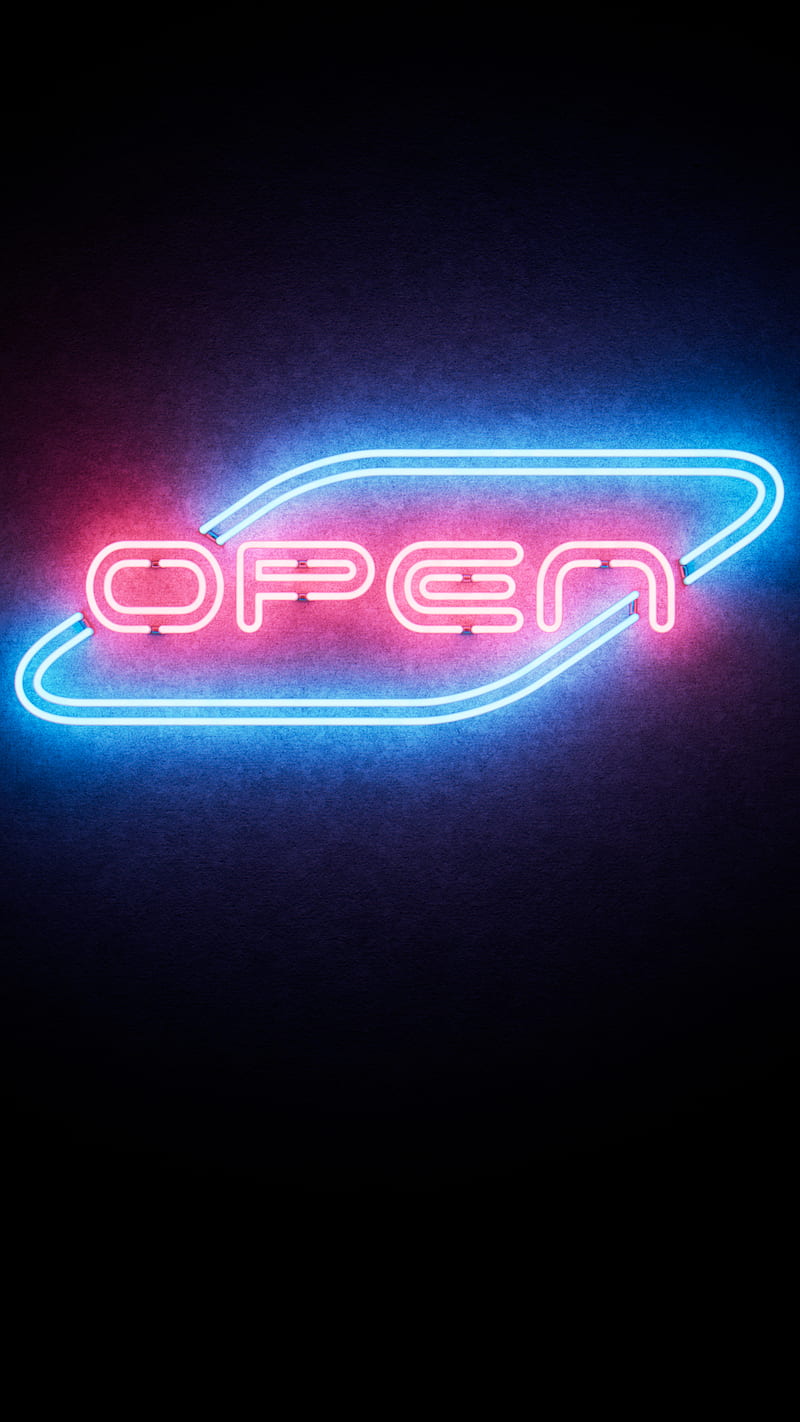 Neon sign, abstract, amoled, blue, cyberpunk, higgsas, lights, modern, open, open sign, red, scifi, HD phone wallpaper
