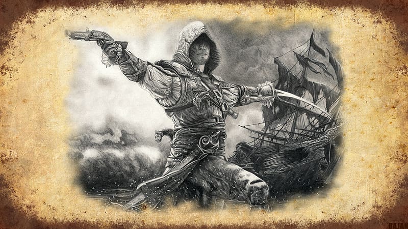 Assassin's Creed, Drawing, Wreck, Pirate, Video Game, Assassin's Creed Iv: Black Flag, Edward Kenway, HD wallpaper