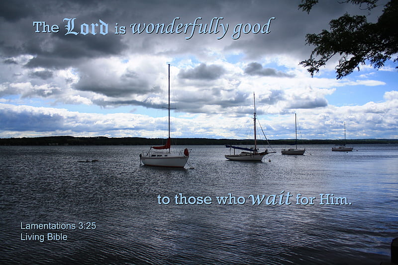Wait on the Lord, boats, water, lake, Bible, clouds, sailboats, HD wallpaper